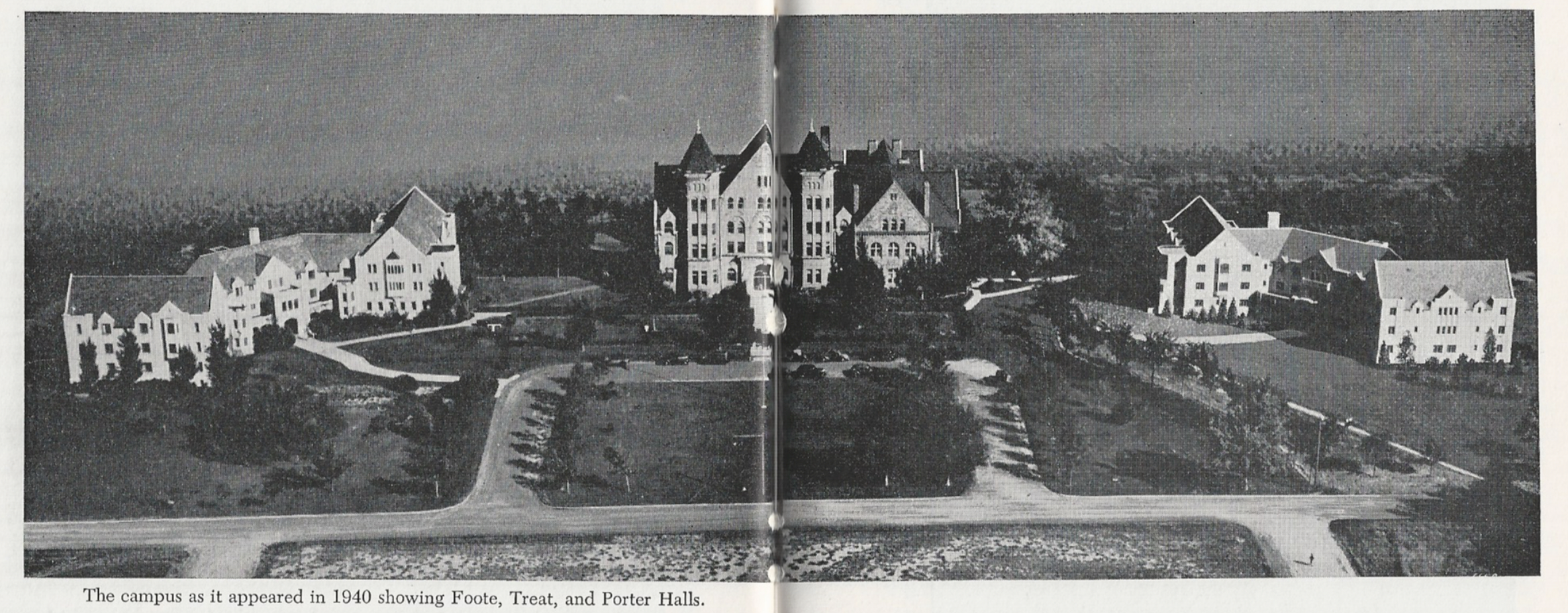 An aerial view of the campus in 1940, showing Foote, Treat, and Porter Halls