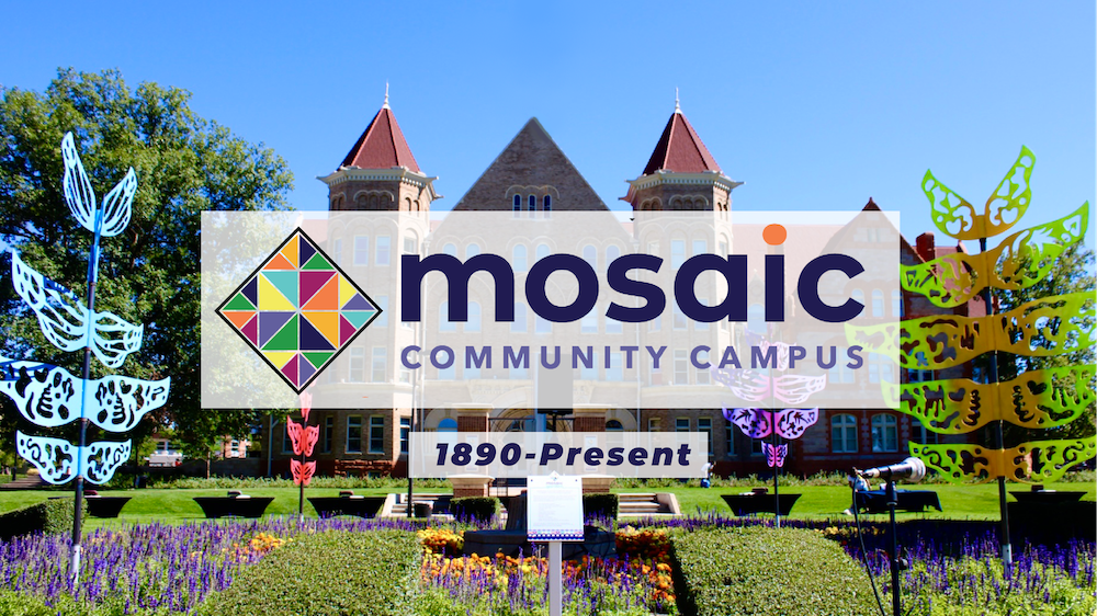 A castle-like building with a garden in front, with text overlaid that reads "Mosaic Community Campus, 1890-Present"