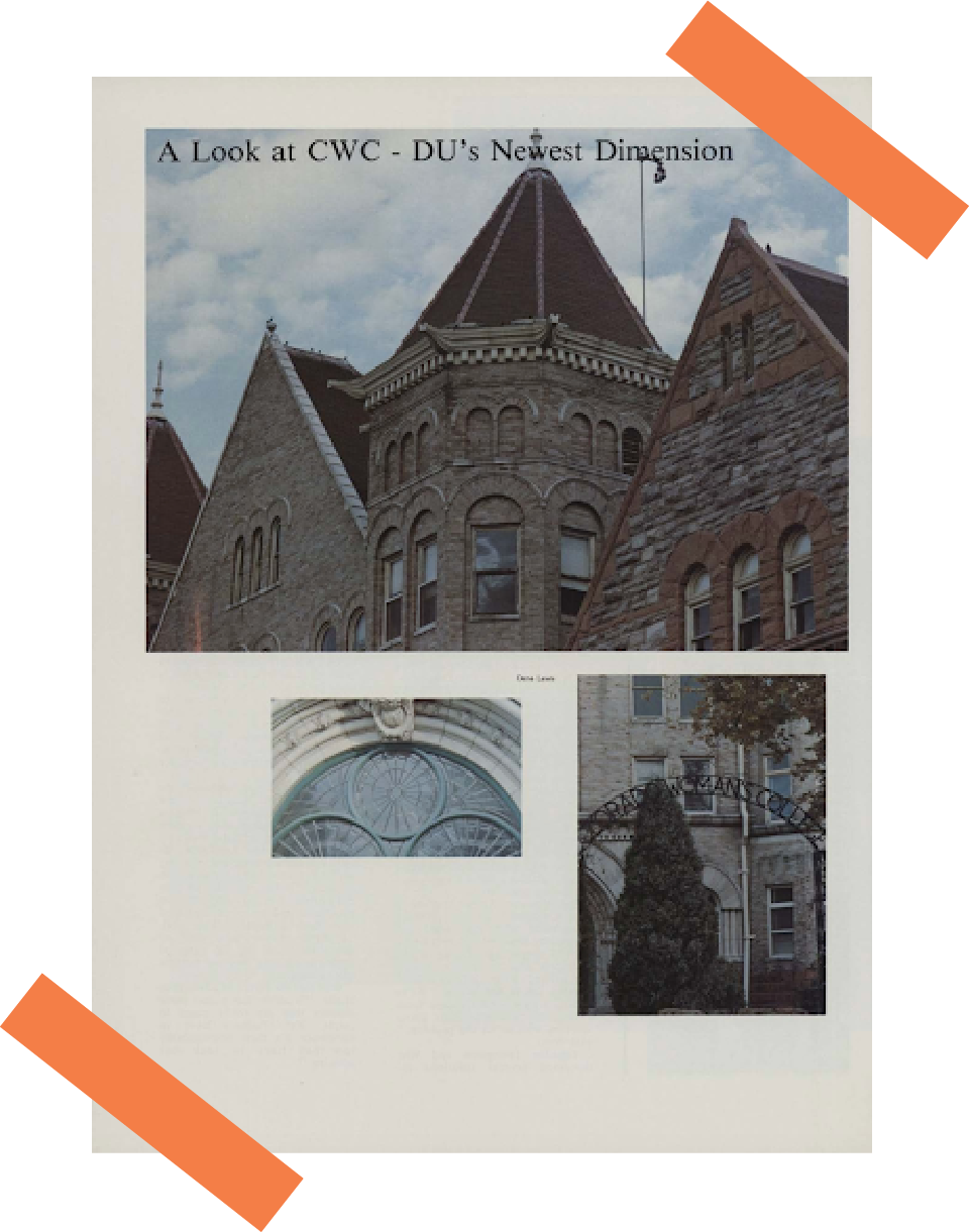 A page from DU's 1982 yearbook with photos of the campus and text that reads "A look at CWC- DU's newest dimension"